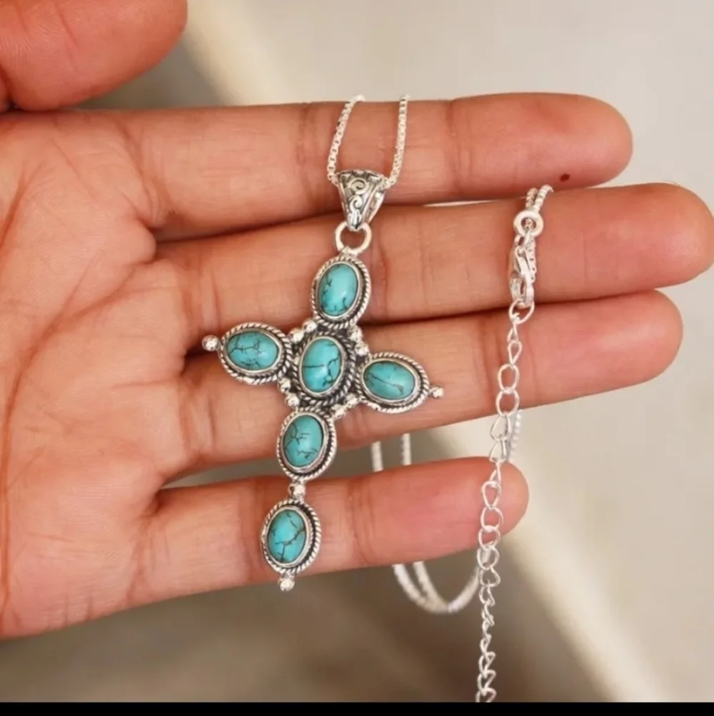 Silvertone Turquoise Cross Pendant Necklace